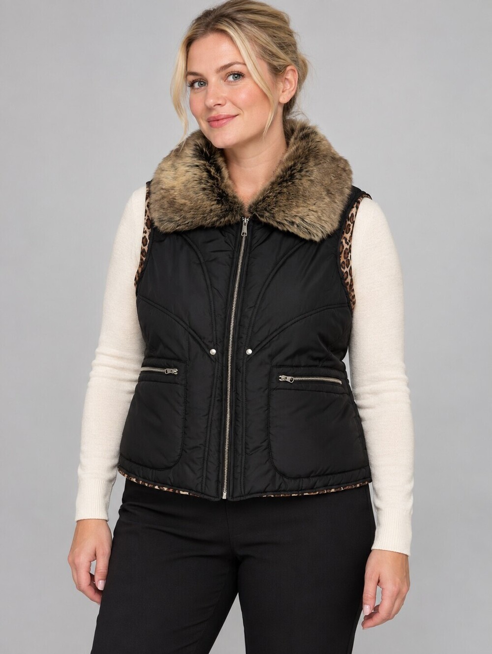KC Collections Black Quilted Faux Fur Collar Vest Large